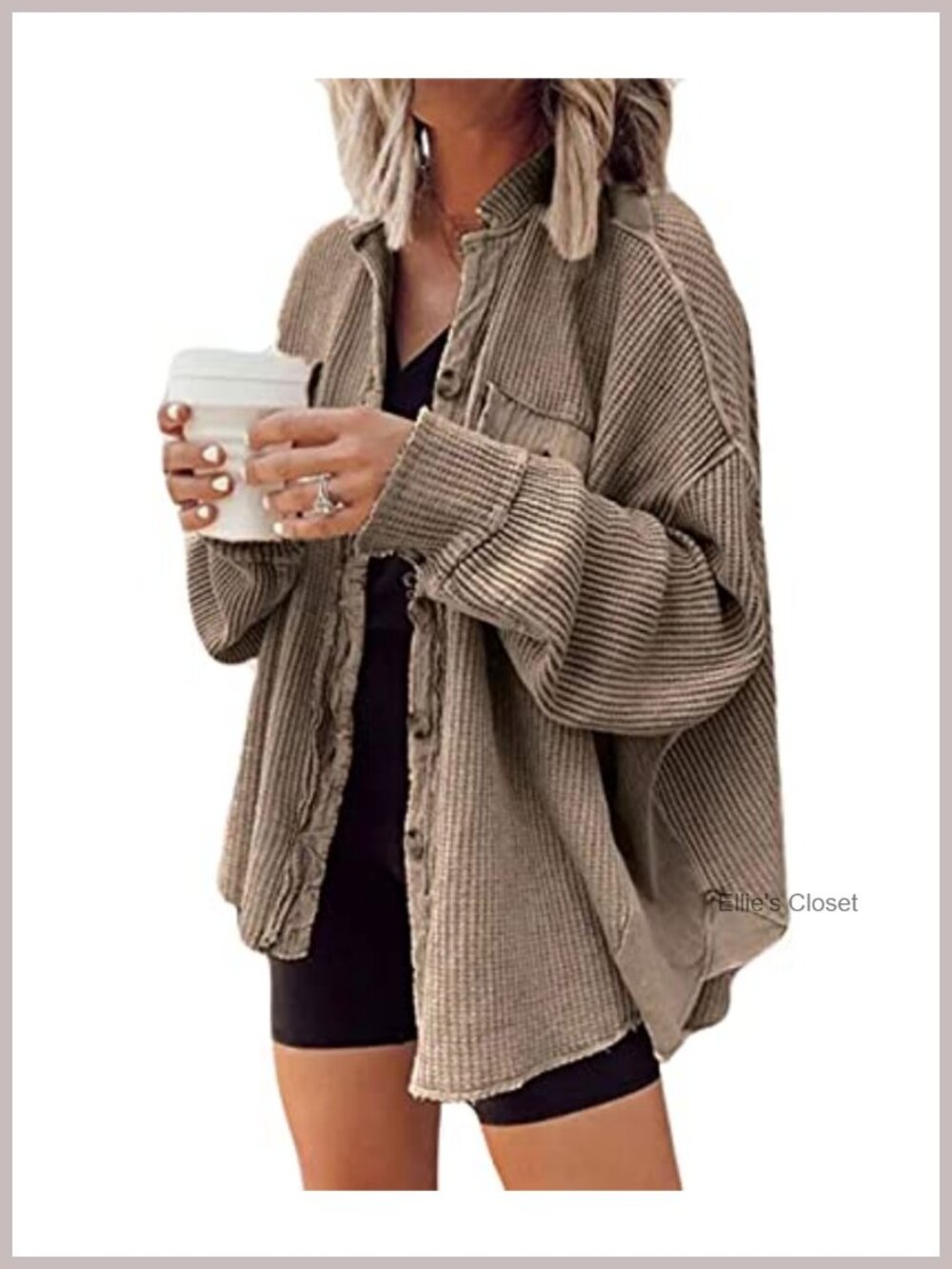Womens Long Batwing Sleeve Cardigan Lightweight Waffle Textured Boyfriend Shirt